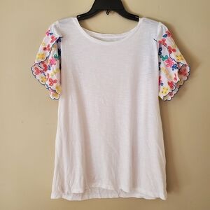Talbots Embroidered Flutter Sleeve Tee Shirt White Cotton Size Small